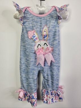 Embroidered Baby Girls Pink & Blue Bunny Bow Snap Romper
